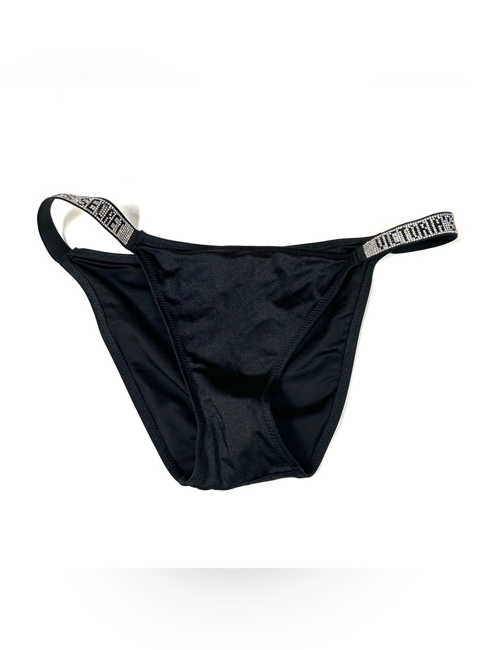 Victorias Secret Size Large Cheeky Bikini Bottoms Black Shine Strap Bling #2649